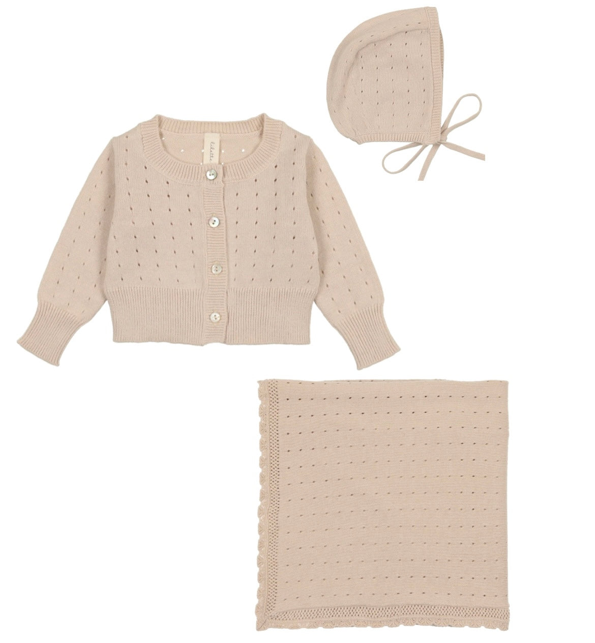 Taupe Dotted Open Knit Cardigan, Bonnet, and Blanket